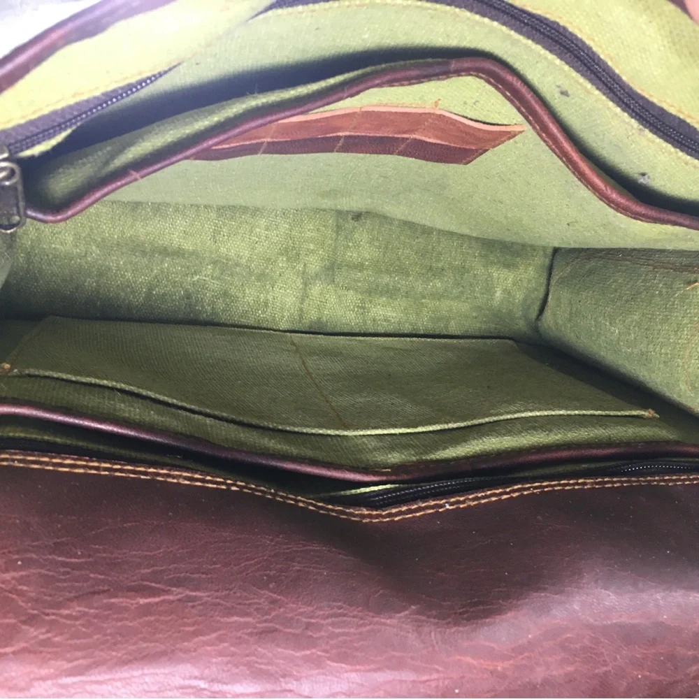 Vtg Waxed Leather Brown School Messenger Briefcase Shoulder Bag Computer Laptop